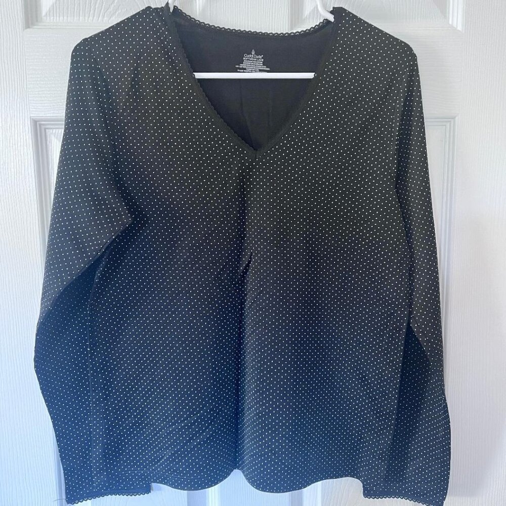 Cuddl Duds, Women's Softwear with Stretch Long Sleeve V-Neck, Black polka dot, L